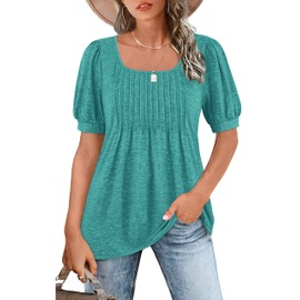 Zwurew - Camisetas casuales de verano para mujer, cuello cuadrado, plisadas, de moda, para leggings, S-2XL, Turquesa, M