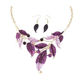 ZaH Boho Jewelry Set Pentant Necklace and Earrings for Women Vintage Gift Wedding Party Purple Leaf