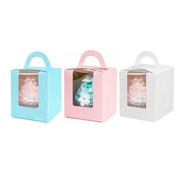 Selecto Bake 6 Pcs Paper Cupcakes Boxes, Portable Single Cupcake Gift Boxes with Window Inserts Handle for Wedding Candy Boxes (Blue, Pink, White)