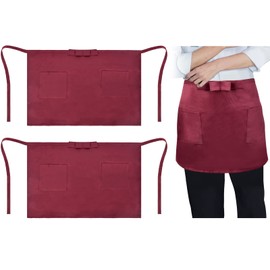 Dokeno Waist Apron, 2 Pieces Waterproof Half Apron for Men and Women, Waiter's Apron Short Apron with 2 Pockets, Plain Kitchen Aprons in Half Length for Kitchen, Chef, Restaurant, red