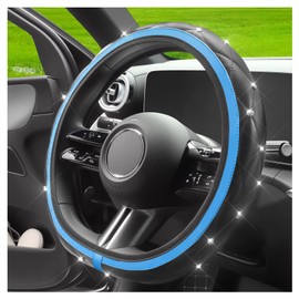 Sparkling Car Steering Wheel Covers with Rhinestones,Leather 15 Inch Car Wheel Cover for Cars Decorations & Scratch Protection,Universal Driving Wheels Covers for Most Vehicles (Blue)