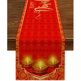 Nepnuser Diwali Table Runner Indian Festival of Lights Party Supply Happy Deepavali Decoration Kitchen Dining Room Home Decor