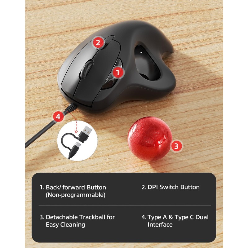 Nulea M509 Trackball Mouse Wired, Ergonomic Design, Easy Thumb Control,