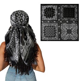 Hexchasty 35”Head Scarf Satin Silk Like Hair Scarf Large Square Head Scarves Bandana Head Wraps Headscarfs for Women Green (B-BLACK)