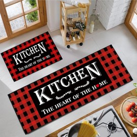UYDOXCU 2 Pcs Kitchen Rug Set Farmhouse Black and Red Buffalo Check Kitchen Mat Decorative 17 * 30+17 * 47 Inches (Red and Black Kitchen Style)