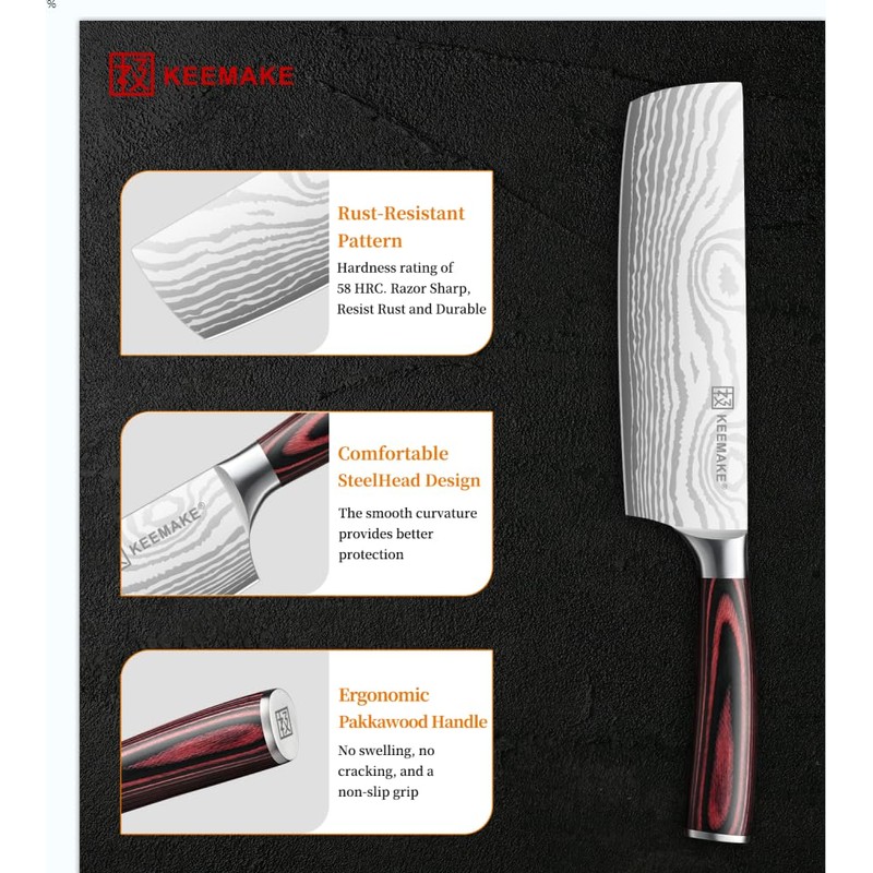 KEEMAKE Nakiri Knife Meat Cleaver: 7 Inch Razor Sharp Chef
