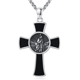 St Christopher Necklace for Men, 925 Sterling Silver Cross Black Onyx/Blue Turquoise Necklace Antiqued Religious Pendant Men Necklaces Talisman Jewellery Graduation Gifts
