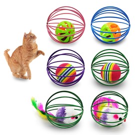 Andiker 6 Pieces Cat Spring Toy, 2.1 Inch Colourful Cat Spring Balls with Mice & Bell Ball & Rainbow Ball Metal Cage Balls Spring Cat Toy for Cat Kicking Exercise (Random Colour 1)