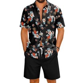 LecGee Beach Vacation Clothes for Men Caribbean Button Down Shirt and Summer Shorts Coachella Outfits for Men(Black,Medium)