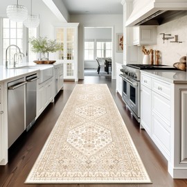 Restydon Runner Rug 2x10, Ultra-Thin Kitchen Rugs Non Slip Washable Rugs for Entryway Rug, Kitchen Runner Low Pile Vintage Soft Carpets for Living Room, Bathroom Bedroom (Cream/Beige,2'x10')