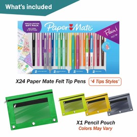 The Mega Deals Flair Felt Tip Pens, Medium Point (0.7mm), 24 Assorted Colors, 4 Tip Styles, Gift Pack with 3-Ring Nylon Pencil Pouch, Zippered Mesh Window & Two Pockets