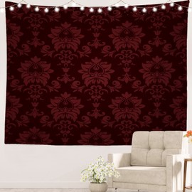 Batmerry Black Victorian Floral Tapestry, Red Retro Wall Art Hanging Decoration Polyester Fiber White Ruffled Around for Dorm Room Bedroom Living Room, 39.1x59.1 inches