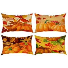Fall Pillow Covers 12x20 Set of 4 Thanksgiving Autumn Decorative Cushion Covers Orange Fall Pumpkin Leaves Outdoor Lumbar Throw Pillow Cases for Home Couch Sofa Decorations 30x50 cm
