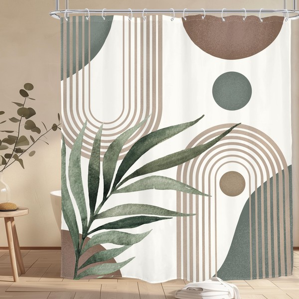 Glawry Boho Shower Curtain Brown Mid Century Abstract Plant Palm