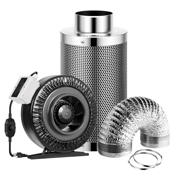 VIVOSUN 6 Inch 440 CFM Inline Fan with Speed Controller, 6 Inch Carbon Filter and 8 Feet of Ducting, Air Filtration Combo for Grow Tent Ventilation