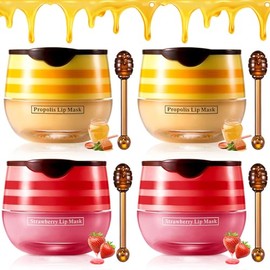 4PCS Strawberry & Honey Lip Balm, Hydrating Propolis Sleeping Mask, Moisturizing & Prevention Dry and Cracked Scrubs Exfoliator, Repair Nourishes the Skin