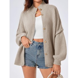 Saodimallsu Womens Oversized Cardigans Long Lantern Sleeve Button Down Chunky Knit Loose Fall Sweater Coats Khaki