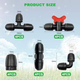 20 PC Irrigation Fittings Kit for 1/2 Inch Drip Hoses - 4 T-pieces, 4 Couplings, 4 Ends, 4 Elbows, 4 Switching Valves - Barbed Connector