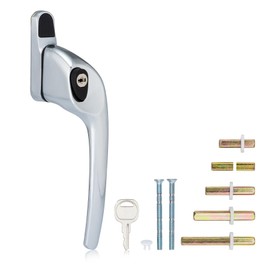 XFORT Cranked Locking Window Handle Installation Kit in Polished Chrome, Right Hand UPVC Window Handle Replacement, Offset Lockable Window Lever