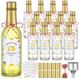 Reallnaive 12 Sets Limoncello Glass Bottles Sets 8 oz Clear Glass Bottles for Limoncello Homemade with Tags and Twine and Funnel for Home Brewing Wedding Baby Shower Party Favors