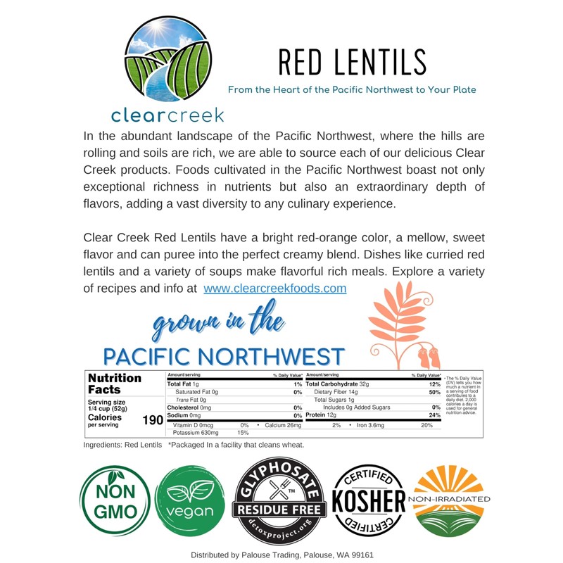 CLEAR CREEK Certified Glyphosate Residue Free Red Lentils | 18