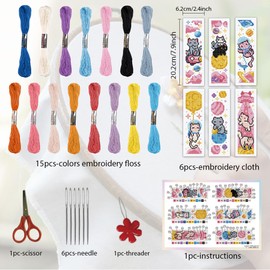 ORIGACH 6 Pcs Cross Stitch Bookmark Kit for Beginner Adults, Cute Cats in Outer Space Stamped Embroidery Bookmark Kit with Instruction for Starters Printed Cross Stitch DIY Kits for Book Lovers