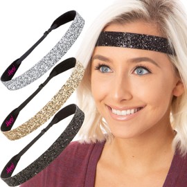 Hipsy Women's Adjustable NO SLIP Wide Bling Glitter Headband (3pk Wide Black/Gold/Silver Bling Glitter)