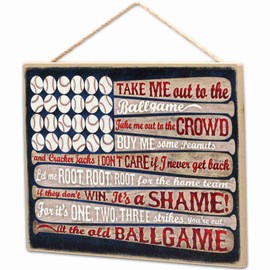 Take Me Out To the Ballgame Flag Hanging Wood Wall Decor - Vintage Americana Baseball Sign for Man Cave or Kids' Bedroom