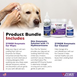 Zymox Enzymatic Ear Wipes, Ear Cleanser, & Otic Ear Solution for Dogs and Cats - Product Bundle - for Dirty, Waxy, Smelly Ears and to Soothe Ear Infections, 100 ct, 8 oz and 1.25 oz
