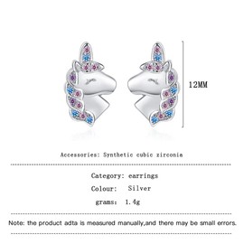 Cute Unicorn Earrings for Women Girls, 925 Silver Cubic Zirconia Sweet Animal Studs for Women Girls Anniversary Birthday Jewellery Gift (Silver1)