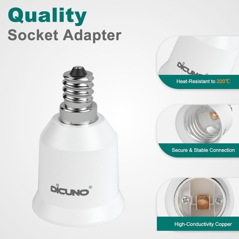 DiCUNO E12 to E26 Socket Adapter, Candelabra E12 to Medium