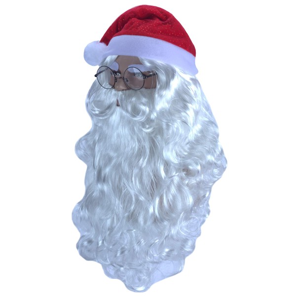 Angelaicos Santa Claus Wig Beard Hat Glasses Set Long White Wig 4 pcs