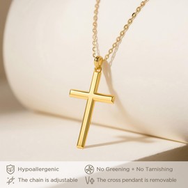 NORBU 18K Gold Plated 925 Sterling Silver Cross Necklace for Women, 18 inch Chain Solid Womens Cross Pendant Necklaces, Dainty Christian Jewelry Catholic Religious Gift for Her