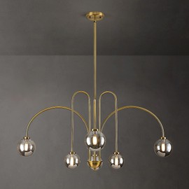 Wystco Modern Sputnik Globe Chandelier, 6-Light Brass Gold Linear Chandeliers for Dining Room and Kitchen Island, Mid Century Light Fixture Over Table, (Smoke Grey Glass Bubble Shades, 40 Inch)