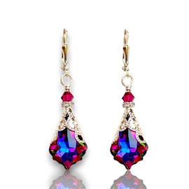 Antique Inspired Vintage Victorian Dangle Drop Earrings for Women - Colored Austrian Crystal Leverback Earrings - Jewelry Gift for Her (Electra)