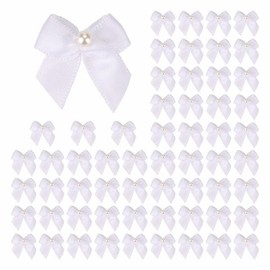 Meseey 60pcs Mini White Satin Ribbon Bows with Pearl Ribbon Flowers Appliques DIY Craft for Sewing, Scrapbooking, Wedding, Gift,Christmas Decoration(White)