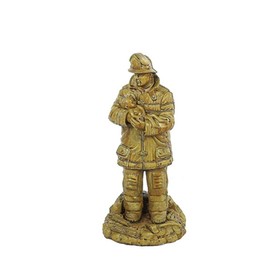 Solid Rock Stoneworks Fireman Holding Infant Stone Statue 16in Tall Autumn Wheat Color