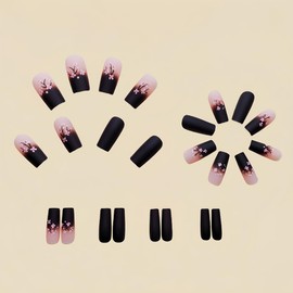 Summer Press on Nails for Women 24PCS Medium Fake Full Cover Acrylic Nails Glue on Stick on Nails with Pink Black Gradient & Glossy Coffin Square Tips Floral Designs Pink Flowers False