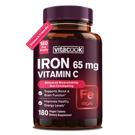 Vitacook Iron Supplement for Women Men, High Potency Iron 65mg with Vitamin C 250mg, Stomach Friendly Iron Pills for Red Blood Cell & Immune Support, Non-GMO & Gluten Free,180 Vegan Tablets