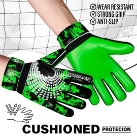 SAWANS Football Goalkeeper Gloves Boys Kids Children Youth Adult Soccer Goalie Gloves Strong Grip Palms Wrist Support Junior Anti Slip (Green, Size 3 Suitable For 5 to 6 Years Old)