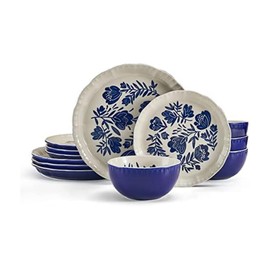 Pfaltzgraff Madison 12-Piece Stoneware Dinnerware Set - Organic Coupe Design in Blue & Tan - Includes Plates & Bowls - Microwave & Dishwasher Safe Everyday Tableware, Rustic Farmhouse Décor