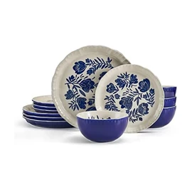 Pfaltzgraff Madison 12-Piece Stoneware Dinnerware Set - Organic Coupe Design in Blue & Tan - Includes Plates & Bowls - Microwave & Dishwasher Safe Everyday Tableware, Rustic Farmhouse Décor