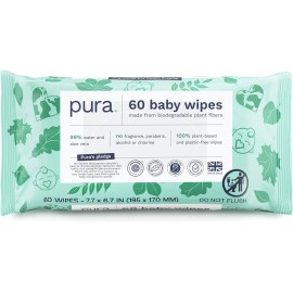 Pura Baby Wipes - 100% Plastic-Free, Plant-Based, 99% Water,  Choose Size - 60 Count (Pack of 1)