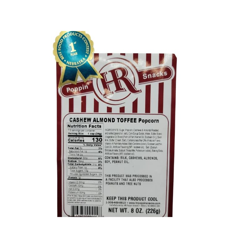 Cashew Almond Toffee Popcorn | Produced in Gibbon, Nebraska |