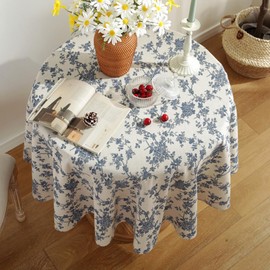 AMZALI Vintage Cotton Linen Round Tablecloth Farmhouse Floral Pastoral Table Cloth Washable Table Cover for Dining, Picnic, Indoor and Outdoor, Tabletop Decoration (Blue Floral, Round 60")