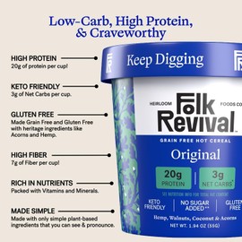 Folk Revival Original Keto Instant 'Oatmeal' - 20g Protein, 3g Net Carbs, High Fiber, Non GMO, Gluten Free, Made with Acorns - 12 Cups Per Case