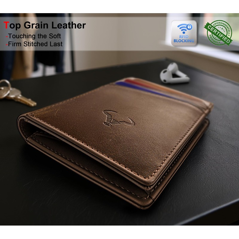 Men Wallet,Top Grain Leather Slim Wallet Magnetic Closure Simplifed Bill