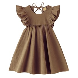 LYXIOF Toddler Baby Girl Cotton Linen Dress Ruffle Sleeve Halter Sleeveless Kids Casual Dresses Brown 80CM