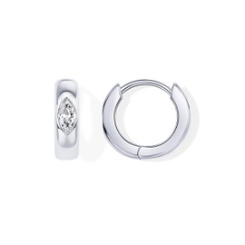 PAVOI Rhodium Plated Sterling Silver Posts Marquise Cubic Zirconia Huggie Hoop Earrings | Small Chunky Solitaire CZ Huggies for Women