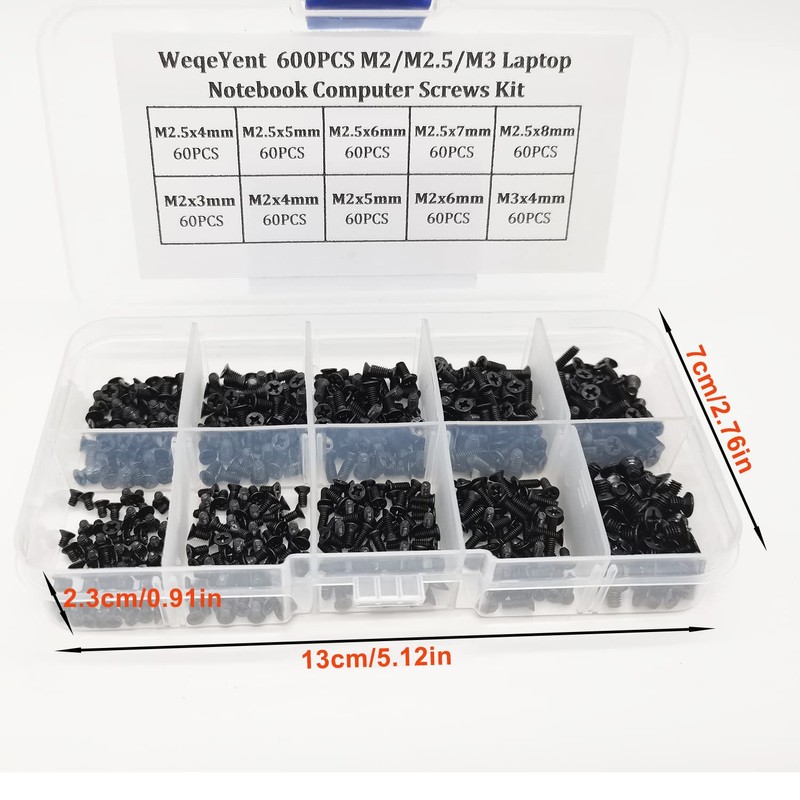 600 Pcs M2 M2.5 M3 Black Laptop Micro Assorted Screw,